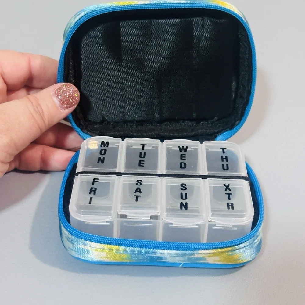 Weekly Travel Pill Organizer Case Blue Green Zip Close Medicine Holder New